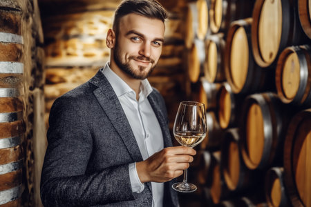 Man Smiling with Wine Glass in Cellarの素材