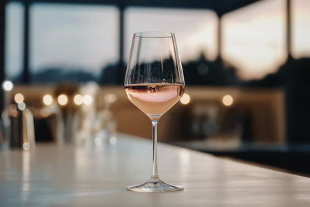 Glass of rose wine on bar counter at sunsetの素材