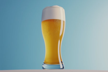 Golden beer with foam against blue backdropの素材