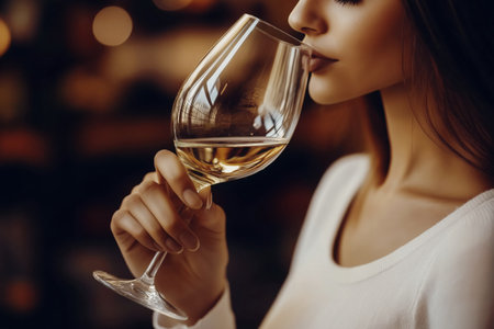 Woman smelling glass of white wineの素材