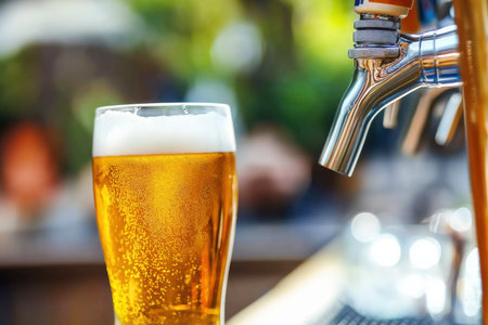 Cold beer glass at shiny pub tapの素材