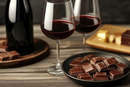 Red wine and chocolate pairing on wooden tableの素材