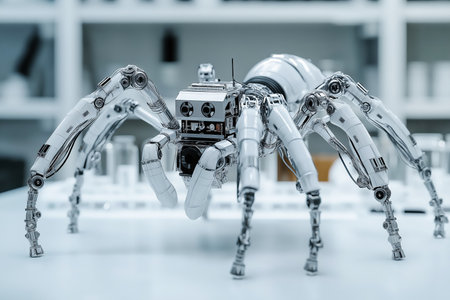 White Tech Spider Robot on Lab Tableの素材