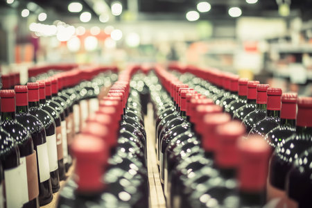 Rows of red wine bottles in supermarketの素材