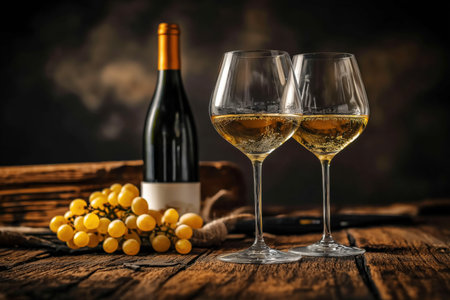 Two glasses of white wine with grapesの素材