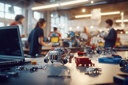 Students building robots in modern workshopの素材