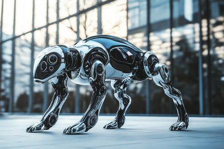 Futuristic Chrome Robot Dog Posed in Cityscapeの素材