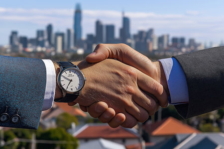 Business Handshake in Daylight with City Skylineの素材