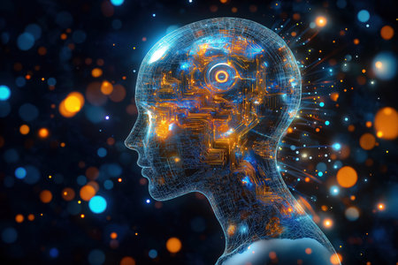 Digital human head with glowing circuits and bokehの素材