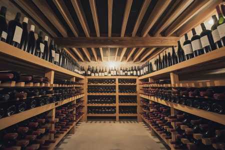 Wine cellar with bottles stored on wooden racksの素材