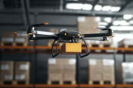 Logistics drone delivering cardboard package in warehouseの素材
