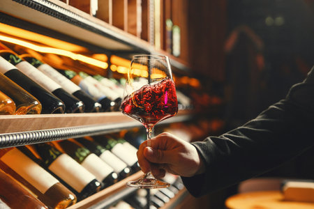 Hand Holding Swirled Red Wineglass by Racksの写真素材