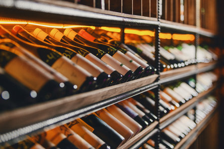 Angled closeup of wine bottles in rackの写真素材