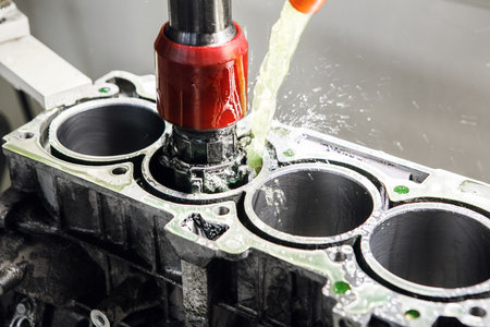 Honing of engine cylinder on CNC Vertical Machine, close up. Car workshop, tuning and repair of...