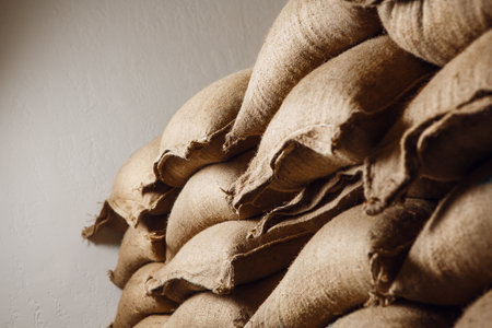 Storage of Raw Coffee Beans in a Warehouse With Burlap Sacks Stacked Neatly in Warm Lightingの写真素材