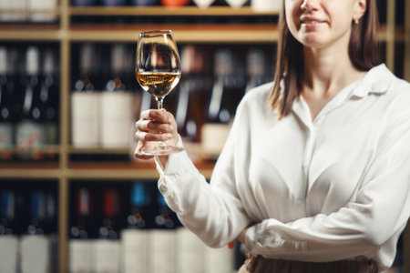 Vintner woman tasting white wine from a glass in cellar. Close up shot of female sommelier hand that hold the wine glass on shelf background.の写真素材