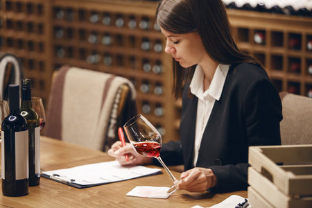 Female professional sommelier making notes on tablet sitting at the table and tasting red and white wine poured in glasses in cellar on wooden bottled shelf background.の写真素材