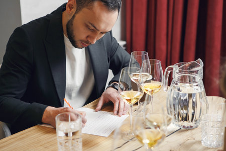 Sommelier degustate wine. Training of restaurant staff, studying alcohol list. Blind wine tasting.の写真素材