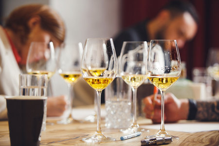Blind wine tasting, Sommelier passes training for get the certification. Wine waiter school,...