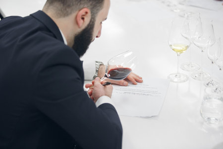 Sommelier analysing color of the red wine during the tasting. Training of wine masters, certification, wine school.の写真素材
