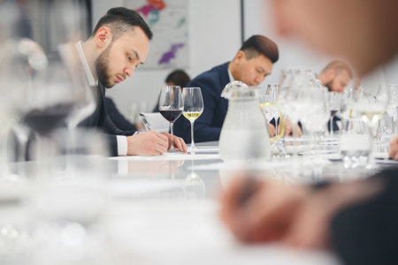 Sommelier passes training for get the certification. Wine waiter school, winemaking lecture. Blind wine tasting.の写真素材