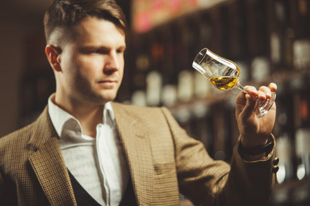 Sommelier holding a glass of whiskey, evaluates the color, smell and taste of alcoholic beverage.の写真素材