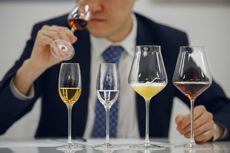Professional sommelier sniffing unknown alcoholic drink during blind tasting. Sommelier exam to study different wine and whiskey.の写真素材