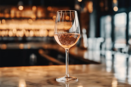 Glass of sparkling orange wine with bubbles on barの素材