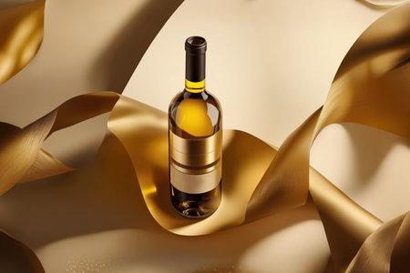 Luxury wine bottle with golden ribbon decorの素材