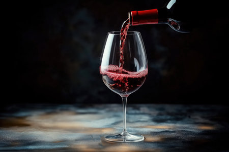 Rich red wine pouring on dark textured tableの素材