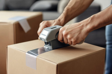 Hands sealing cardboard box with tape dispenserの素材