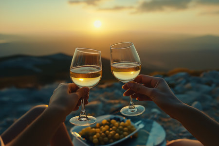 White wine toast at sunset on mountain viewの素材