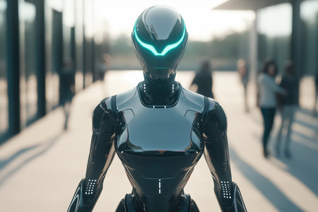 Black humanoid robot with glowing neon visorの素材