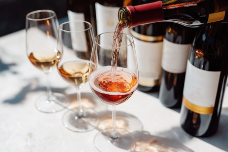 Red wine poured into glass with bottles in backgroundの素材