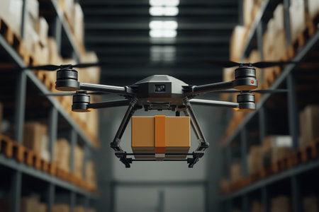 Delivery drone flying with package inside warehouseの素材