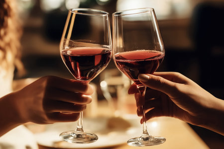 Two people toasting with red wine glassesの素材