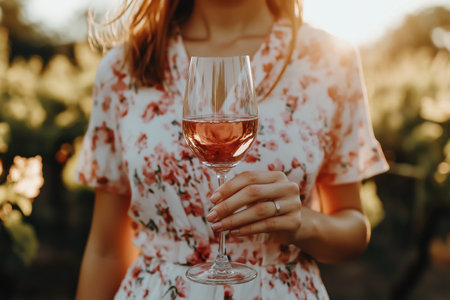 Faceless Woman holding rose wine glass in vineyardの素材