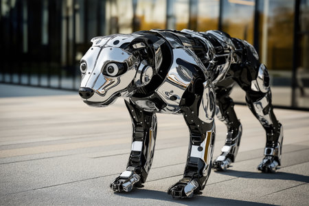 Chrome Robotic Animal with Dog Features on Streetの素材