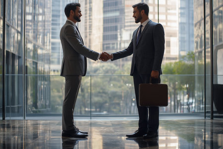Businessmen handshake in modern office lobbyの素材