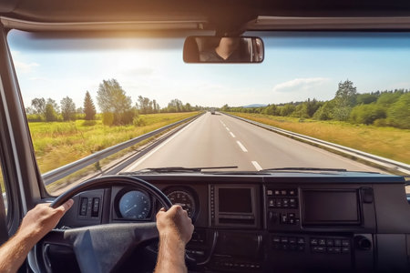 Truck driver view of highway road aheadの素材