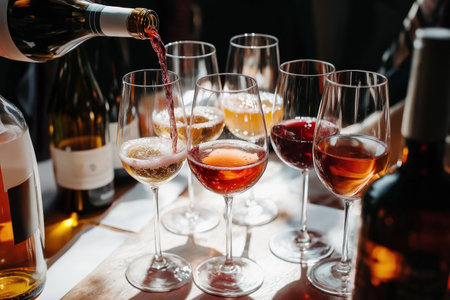 Assorted wine glasses with bottles pouringの素材