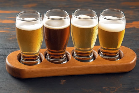 Beer sampler with four glasses on dark tableの素材