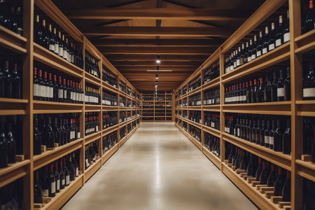 Wine cellar with wooden shelves full of bottlesの素材