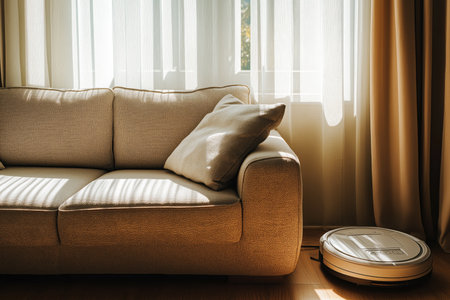 Smart robot vacuum cleaning floor beside sofaの素材