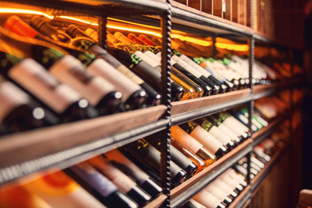 Bright wine rack with bottle varietyの写真素材