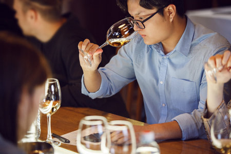 Asian Man Smelling Wine at Table