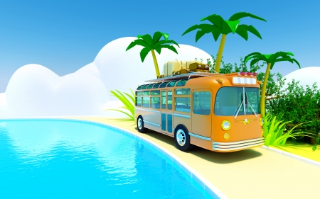 The orange bus traveling on a tropical beach, roof bags and boxes  The sea and clouds  3d picture in bright cartoon style の写真素材