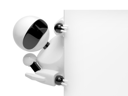 Robot holding blank poster on a white backgroundの写真素材