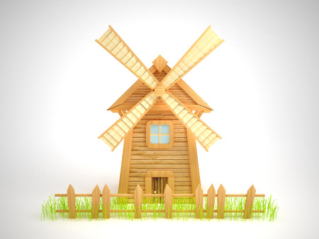Cartoon windmill with a sagging fence and grass  White backgroundの写真素材