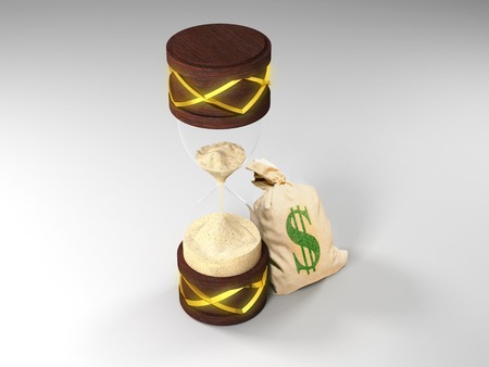 antique hourglass on a white surface, decorated with gold and moneybag with dollars. Time is money
